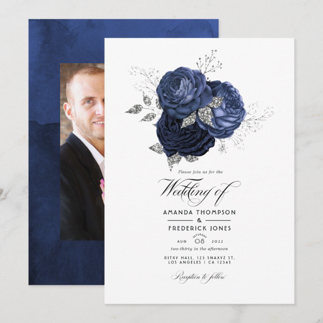 Convite Casamento Floral Rústico Azul Marinho e Brilho Fal (Frente/Verso)