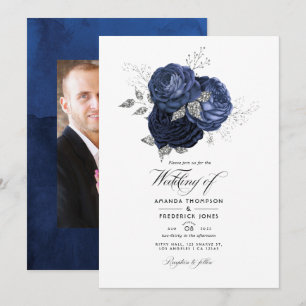 Convite Casamento Floral Rústico Azul Marinho e Brilho Fal