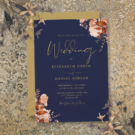 Convite Casamento Floral Rústico Azul Marinho e Dourado