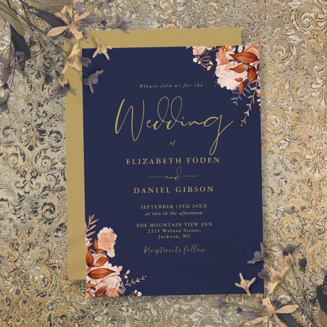 Convite Casamento Floral Rústico Azul Marinho e Dourado (Navy Blue And Gold Rustic Floral Wedding Invitation)