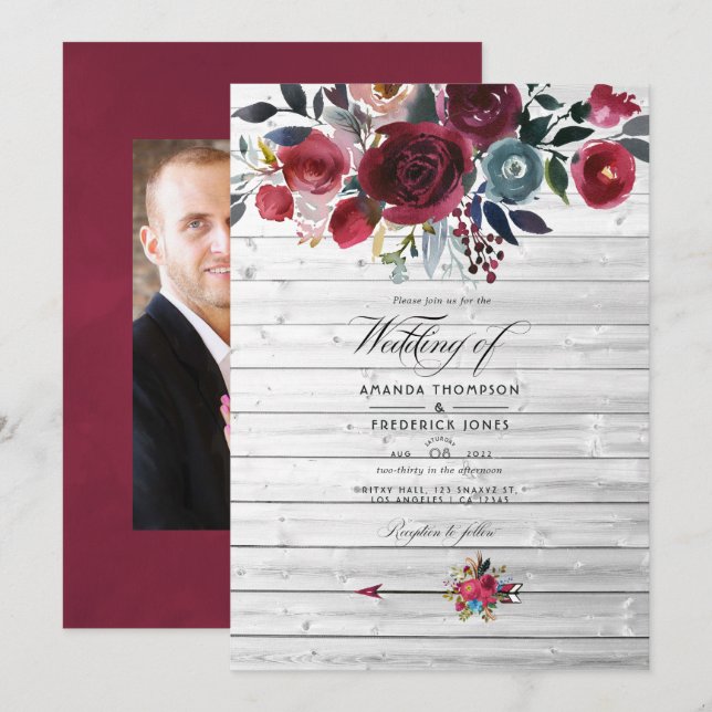 Convite Casamento Floral Rústico Boho Chic Burgundy e Azul (Frente/Verso)