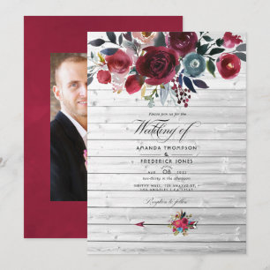 Convite Casamento Floral Rústico Boho Chic Burgundy e Azul