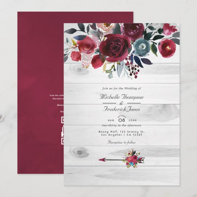Convite Casamento Floral Rústico Boho Chic Burgundy e Azul (Frente/Verso)