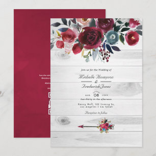 Convite Casamento Floral Rústico Boho Chic Burgundy e Azul