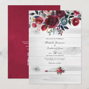 Convite Casamento Floral Rústico Boho Chic Burgundy e Azul