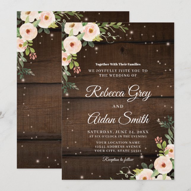 Convite Casamento Floral Rústico Brilhante em Madeira (Frente/Verso)