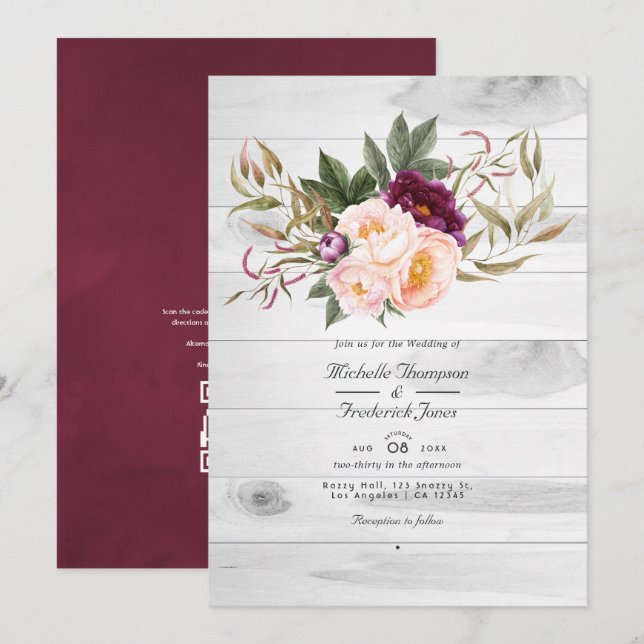 Convite Casamento Floral Rústico Código QR em Borgonha e P (Frente/Verso)