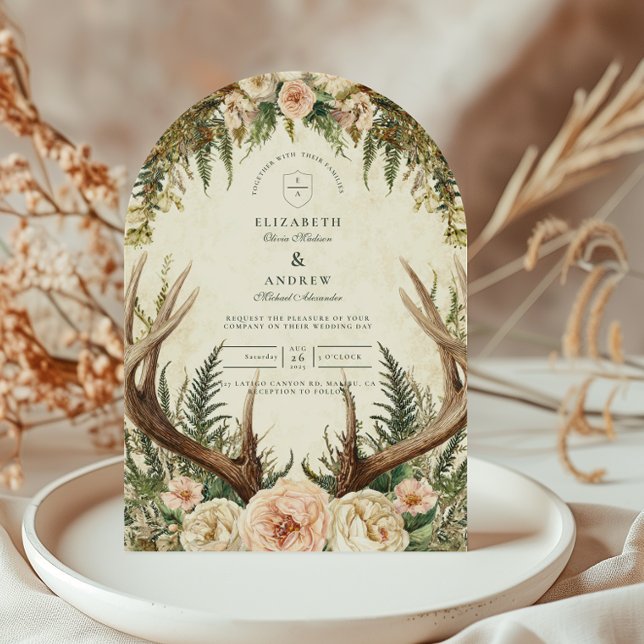 Convite Casamento Floral Rústico de Antler Floresta (Criador carregado)