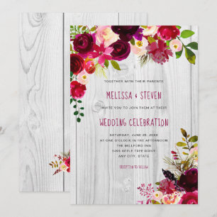 Convite Casamento floral rústico de Borgonha + madeira