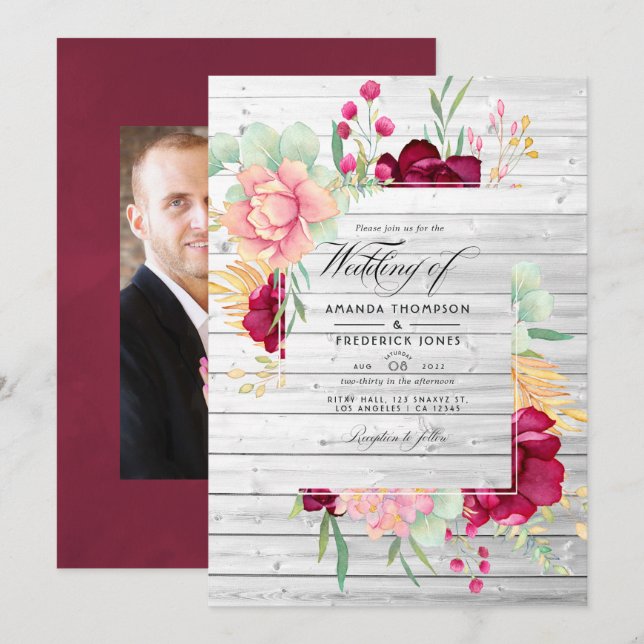 Convite Casamento Floral Rustico de Celeiro em Burgundy e  (Frente/Verso)