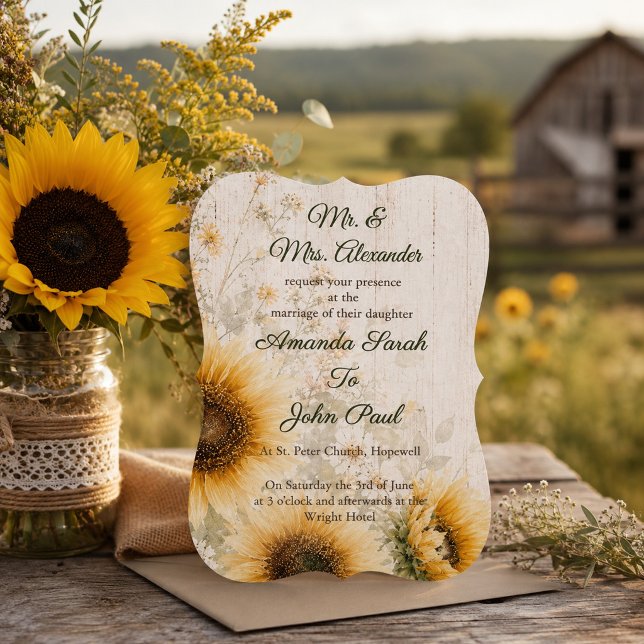 Convite Casamento Floral Rústico de Girassol em Madeira no (Criador carregado)