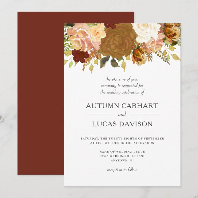 Convite Casamento Floral Rústico de Jardim de Outono (Frente/Verso)