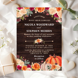 Convite Casamento Floral Rústico de Outono com Abóbora Lar