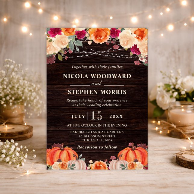 Convite Casamento Floral Rústico de Outono com Abóbora Lar (Criador carregado)