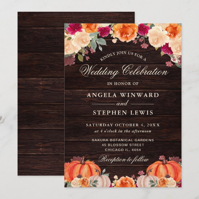 Convite Casamento Floral Rústico de Outono com Abóbora Lar (Frente/Verso)