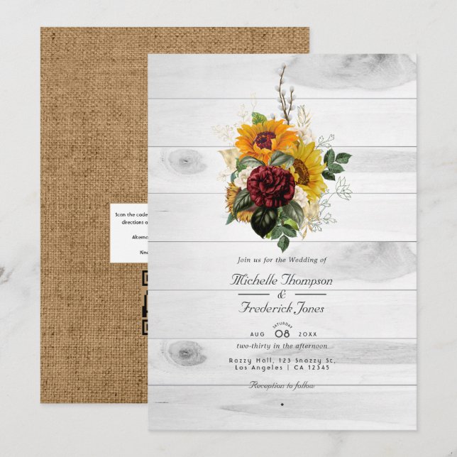 Convite Casamento Floral Rústico de Outono QR Code País (Frente/Verso)