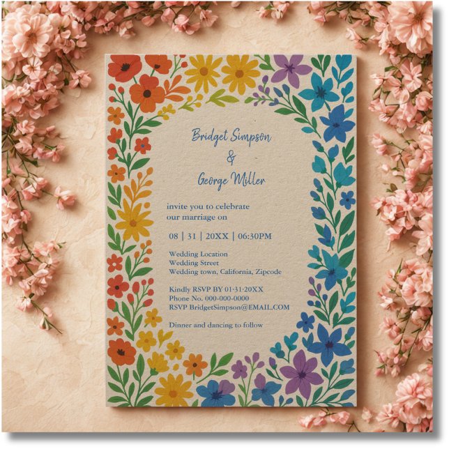 Convite Casamento Floral Rustico de Rainbow Wildflower (Criador carregado)