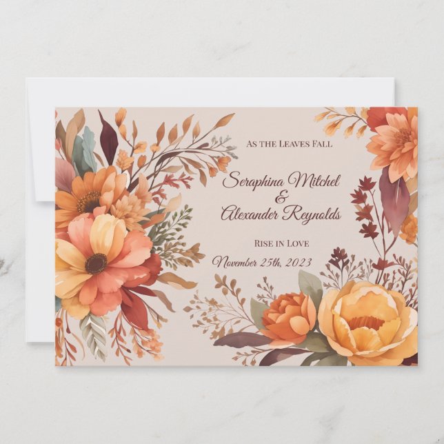 Convite Casamento Floral Rústico em Aquarela de Outono (Frente)