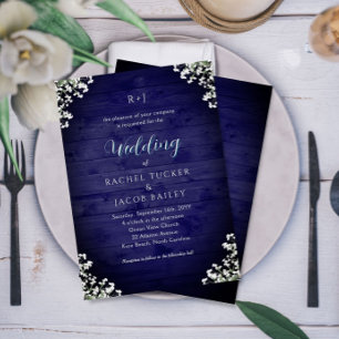 Convite Casamento Floral Rústico em Azul Marinho com Respi
