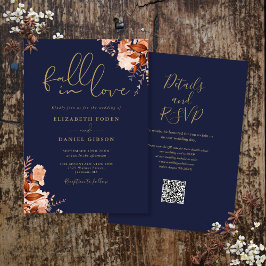 Convite Casamento Floral Rústico em Azul Marinho e Dourado