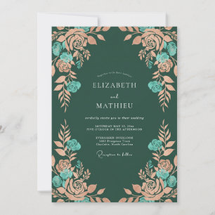 Convite Casamento Floral Rústico em Azul Verde e Pêssego