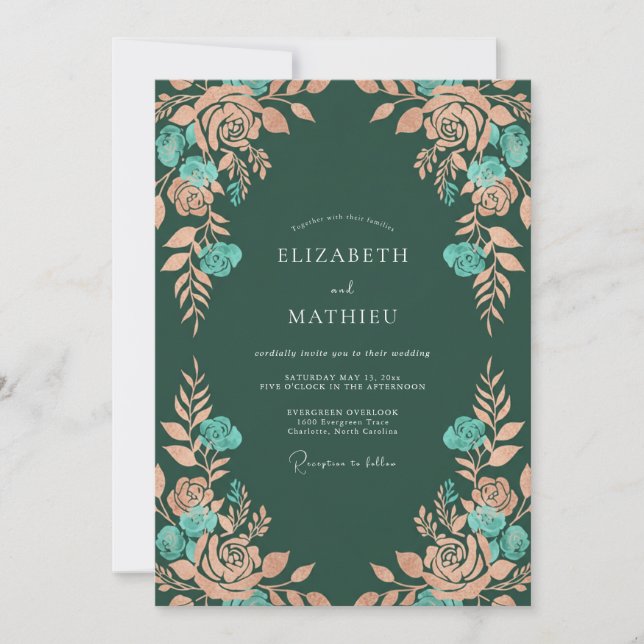 Convite Casamento Floral Rústico em Azul Verde e Pêssego (Frente)