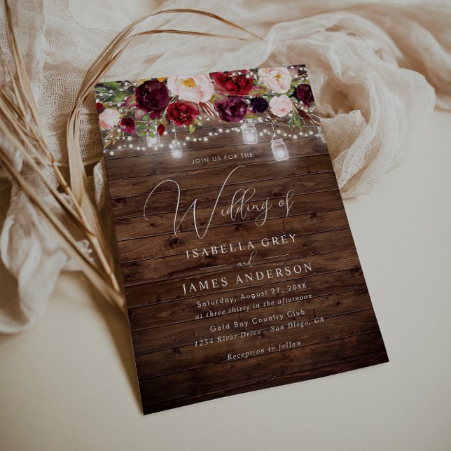 Convite Casamento Floral Rústico em Madeira Borgonha  (Criador carregado)