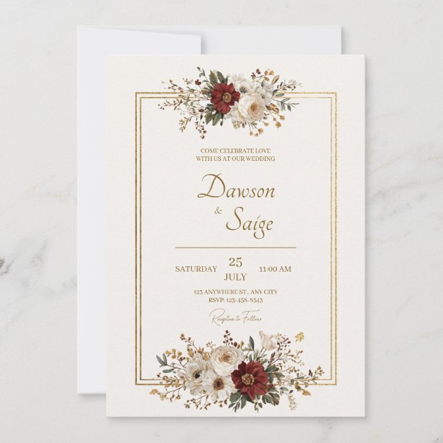 Convite Casamento Floral Rústico em Marfim e Dourado de Bo (Frente)