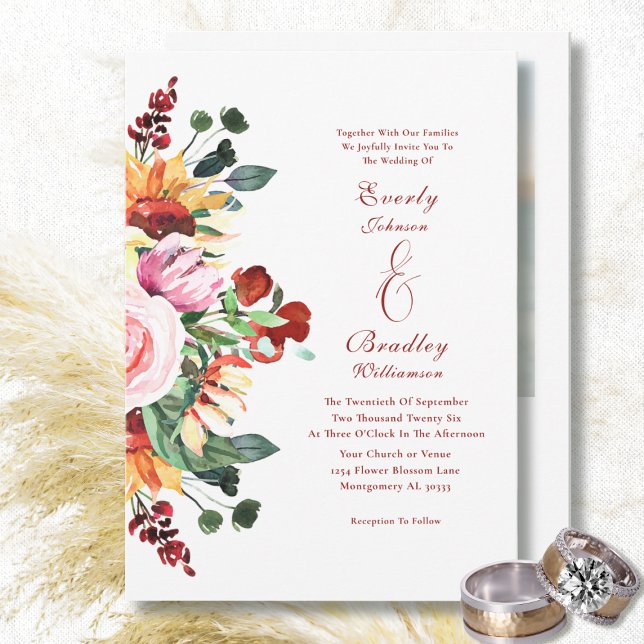 Convite Casamento Floral Rústico em Tons Terrosos com Aqua (Criador carregado)
