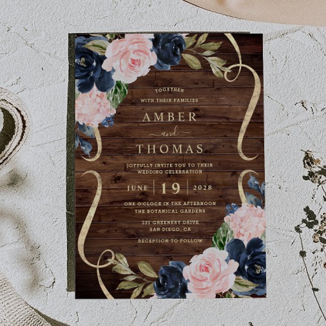 Convite Casamento Floral Rustico Encantador Azul Rosa (Criador carregado)