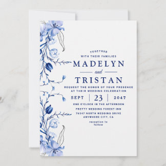 Convite Casamento Floral Rústico Minimalista em Azul Aquar