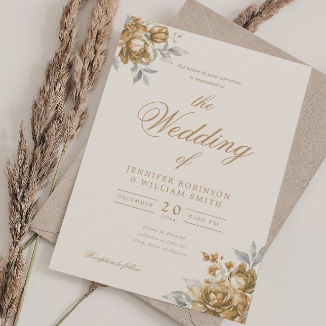 Convite Casamento Floral Rústico Natural Dourado Elegante  (Gold Natural Rustic Floral Elegant Script Wedding Invitation)