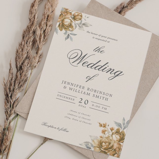 Convite Casamento Floral Rústico Natural Elegante Script  (Gold Natural Rustic Floral Elegant Script Wedding Invitation)
