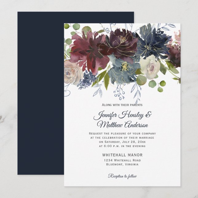 Convite Casamento Floral Rústico Navy Burgundy Marsala Dou (Frente/Verso)