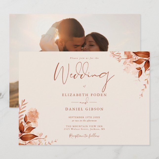 Convite Casamento Floral Rústico Outono Foto (Frente/Verso)
