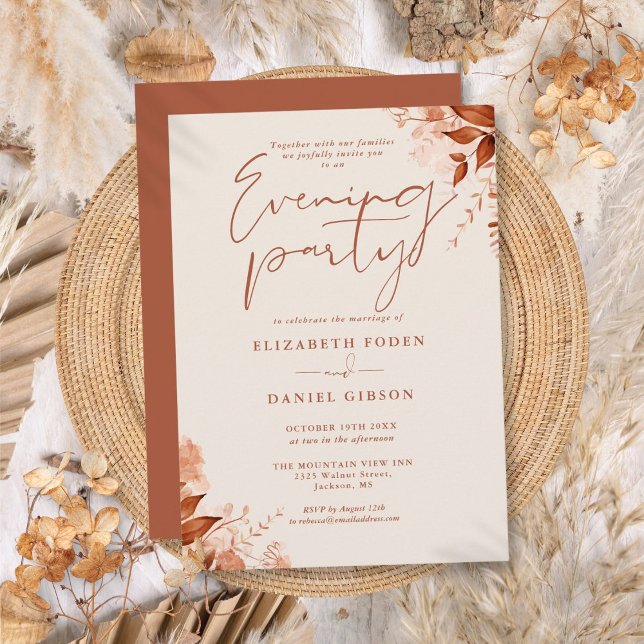 Convite Casamento Floral Rústico Outono Noite Festa (Rustic Floral Fall Wedding Evening Party Invitation)