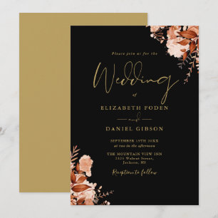 Convite Casamento Floral Rústico Preto e Dourado Elegante