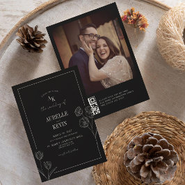 Convite Casamento Floral Rústico Preto Elegante Foto QR