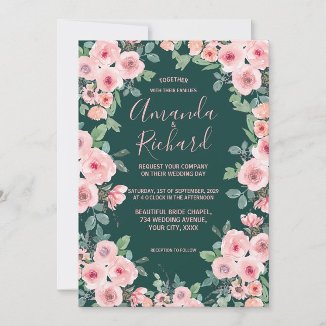 Convite Casamento Floral Rústico Rosa Bege Verde Esmeralda (Frente)