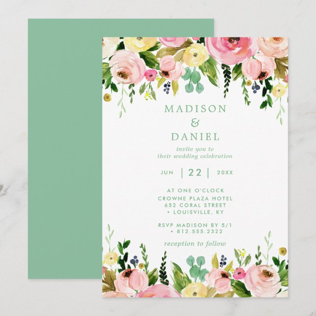Convite Casamento Floral Rústico Rosa e Verde Menta (Frente/Verso)