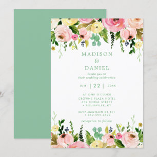 Convite Casamento Floral Rústico Rosa e Verde Menta