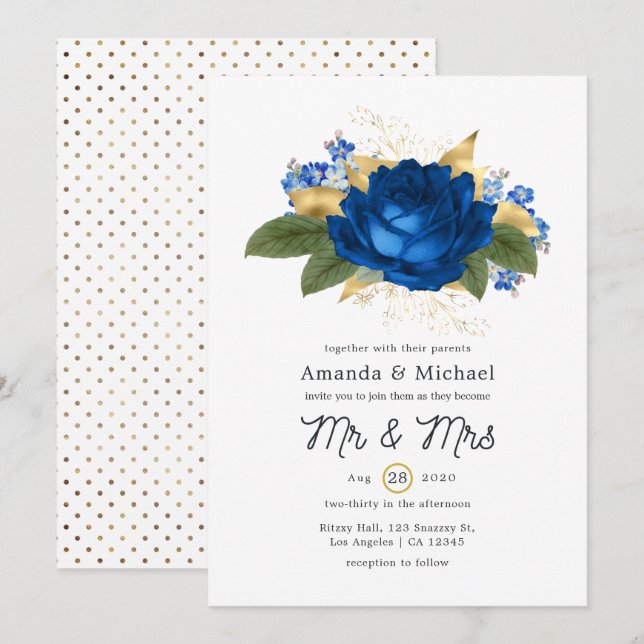 Convite Casamento Floral Rústico Shabby Azul Real e Dourad (Frente/Verso)