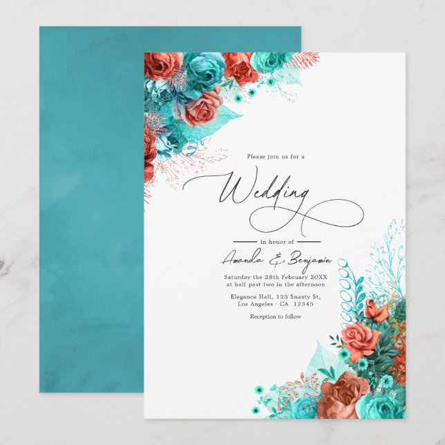 Convite Casamento Floral Rústico Turquesa e Coral (Frente/Verso)
