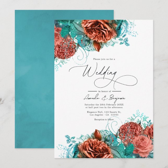 Convite Casamento Floral Rústico Turquesa e Coral (Frente/Verso)