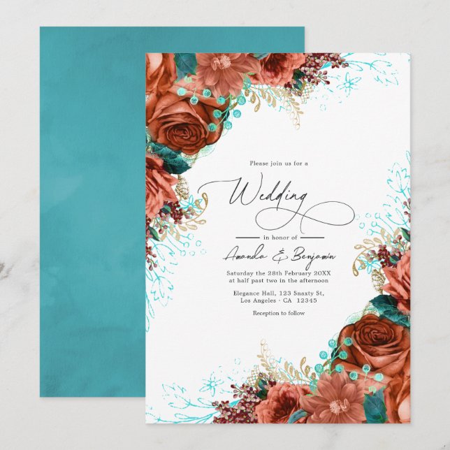 Convite Casamento Floral Rústico Turquesa e Coral (Frente/Verso)