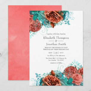 Convite Casamento Floral Rústico Turquesa e Coral Vivo