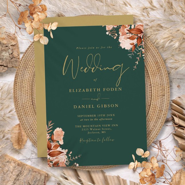 Convite Casamento Floral Rústico Verde Esmeralda e Dourado (Emerald Green And Gold Rustic Floral Wedding Invitation)