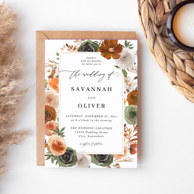 Convite Casamento Floral S2 Verde & Terra Cotta - Branco (Criador carregado)