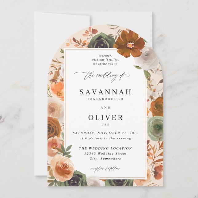 Convite Casamento Floral S2 VLN- Arch Verde & Terra Cotta (Frente)