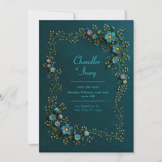 Convite Casamento Floral Safira Turquesa (Frente)